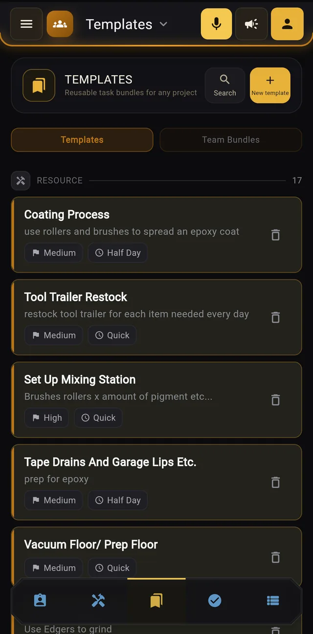 Templates screen with reusable tasks such as Coating Process, Tool Trailer Restock, and Set Up Mixing Station, each with a priority and time estimate.